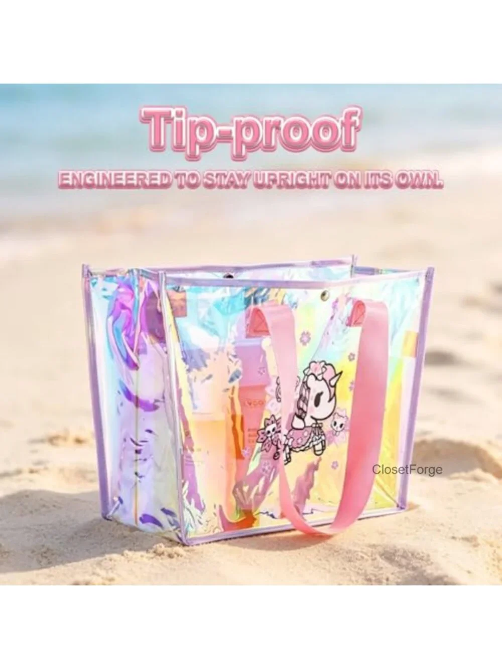 Large Clear PVC Tote Bag with Holographic Finish, Beach & Travel